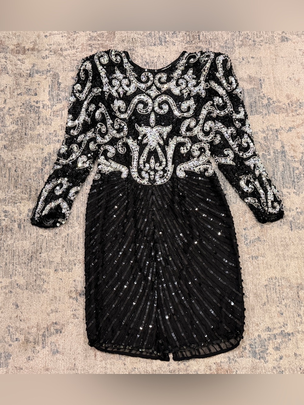 Vintage Sweelo Black Sequin Embellished Long Sleeve Cocktail Dress